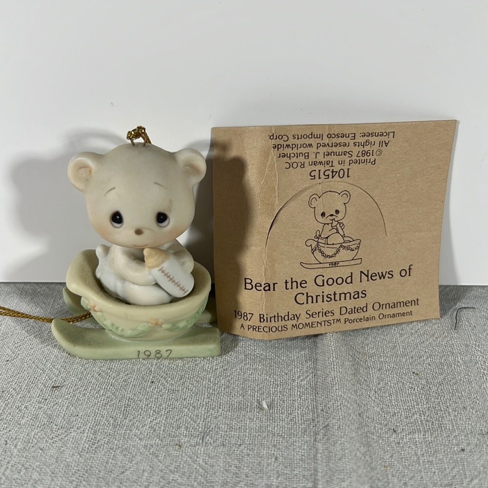 Precious Moments Ornament- Bear the good news of Christmas 1987
